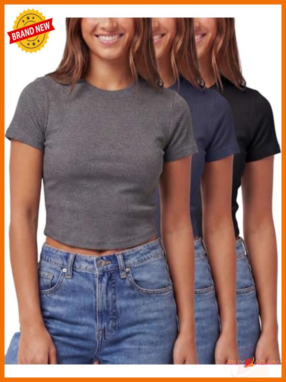 3-Pack Women's Cropped Cap Sleeve Ribbed Cotton T-Shirts Crop Tops Crew Neck - Picture 1 of 5